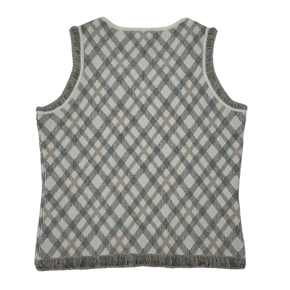 Etcetera Plaid Fringe Trimmed Sweater Vest Cream Taupe & Black‎ Size Medium - Picture 2 of 7
